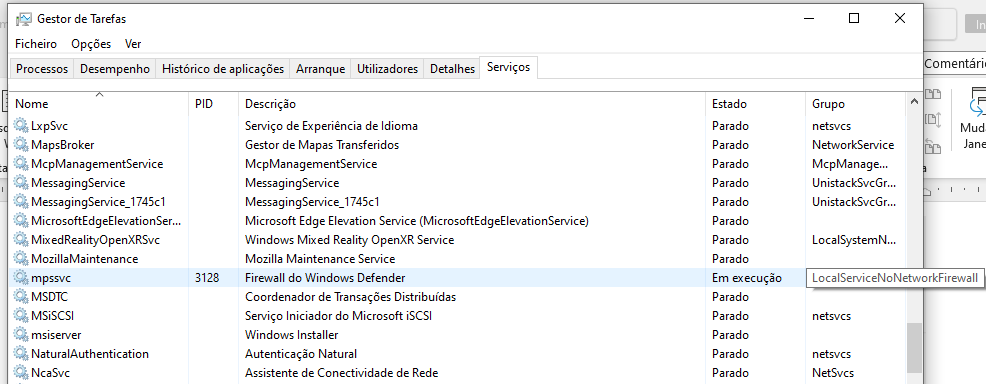 Gestor de tarefas do Windows - modo de execução No Network Firewall
