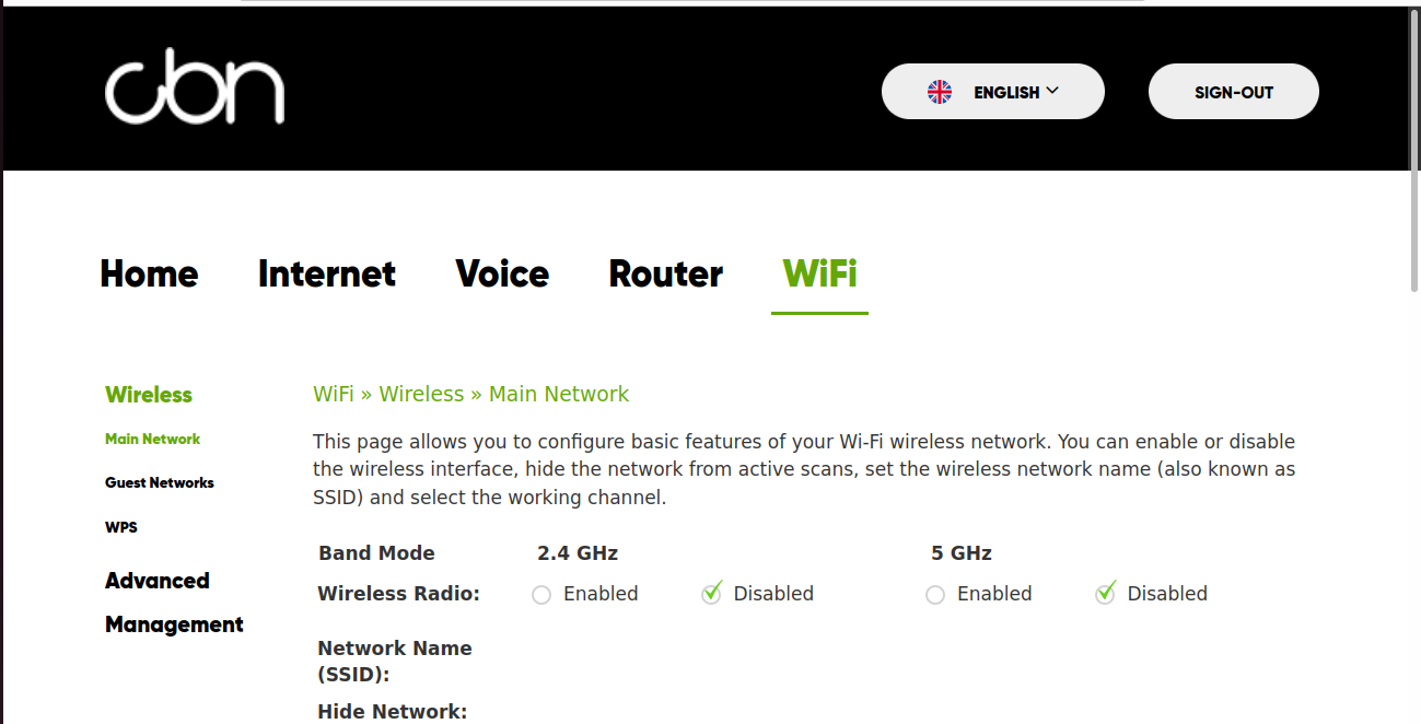 painel do gateway CBN - WiFi desligado - ethernet ligada